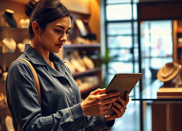 jewellery shop owner using tablet app for customer loyalty program, warm golden lighting, modern ret
