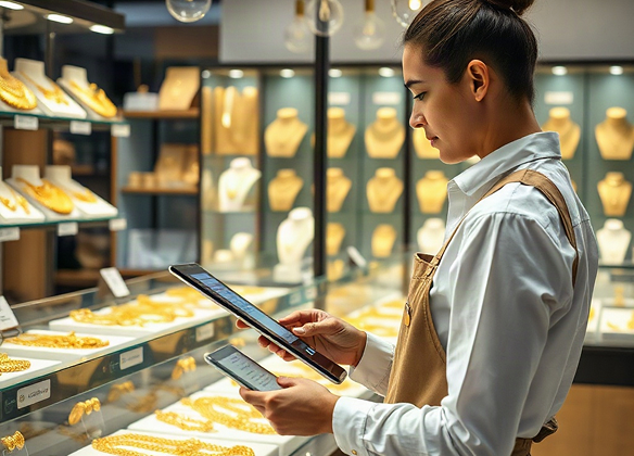 jewellery store staff managing gold inventory using digital tablet, gold jewelry display cases, prof