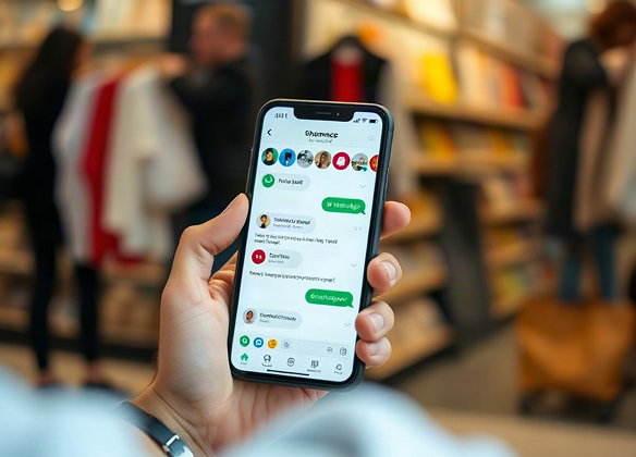 person shopping on mobile e-commerce app with WhatsApp chat integration, smartphone in hand, bright